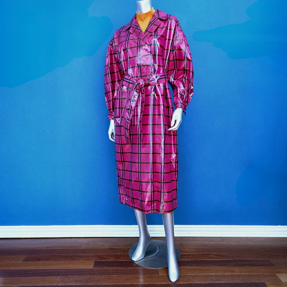 🆕️ ☂️ ASOS Puff Sleeve Midi Pink Plaid Trench Coat / Raincoat w/ Tie Belt (NWT)